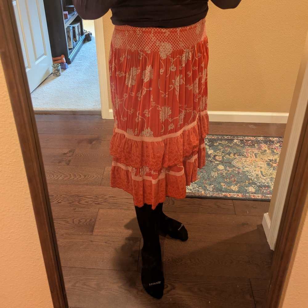 Midi Skirt with Smocked Waist And Eyelet Ruffle